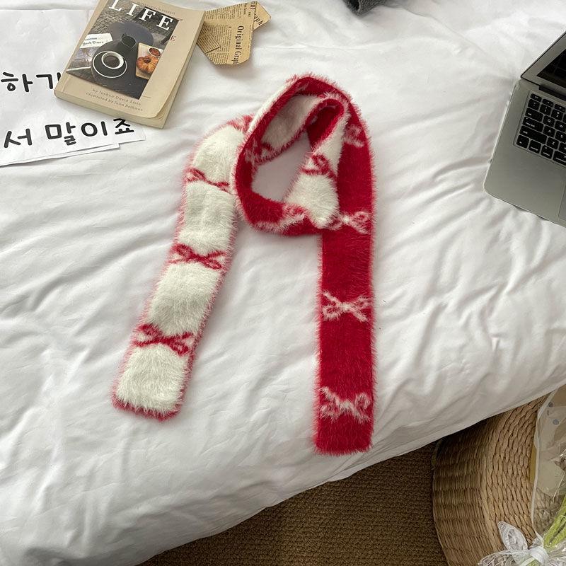 Bow Pattern Girl Scarf Plush Soft Slim Cute Scarves Korean Style Women's Fashionable Casual Ornament