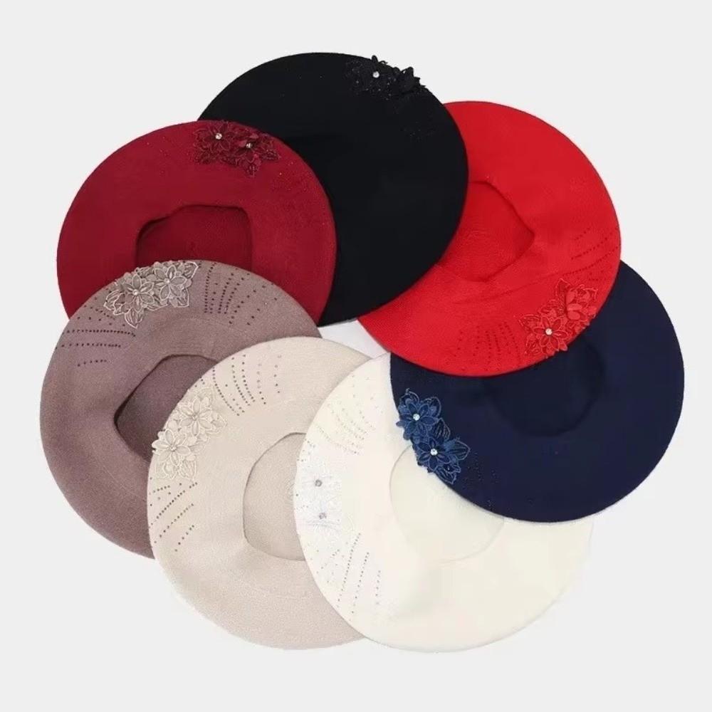 Solid Color Flower Wool Beret Knitted Beret Hat Sweet French Style Painter Cap  Autumn Winter