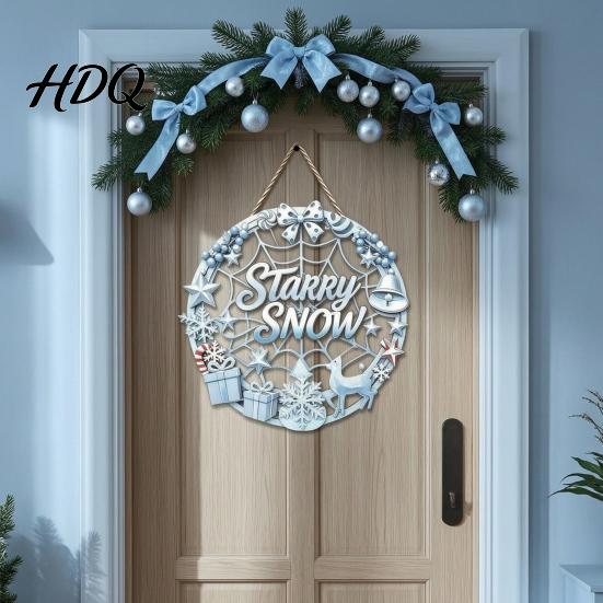 Snowman Gift Theme Decoration Christmas Door Sign Double Sided Hanging Wooden Plaque for Front Door Decor Rustic Holiday Wall Indoor Outdoor