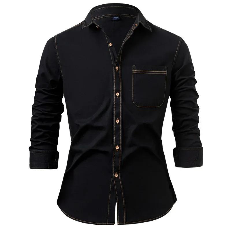

American Retro Men s Denim Shirt Cotton Long Sleeve Casual Trendy Spring Autumn Jean Shirt Men XL чорний