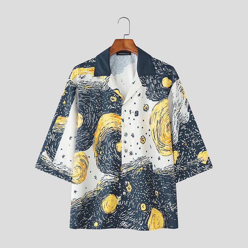 

INCERUN Men Lapel Neck Short Sleeve Abstract Print Casual Loose Shirts 5XL синий