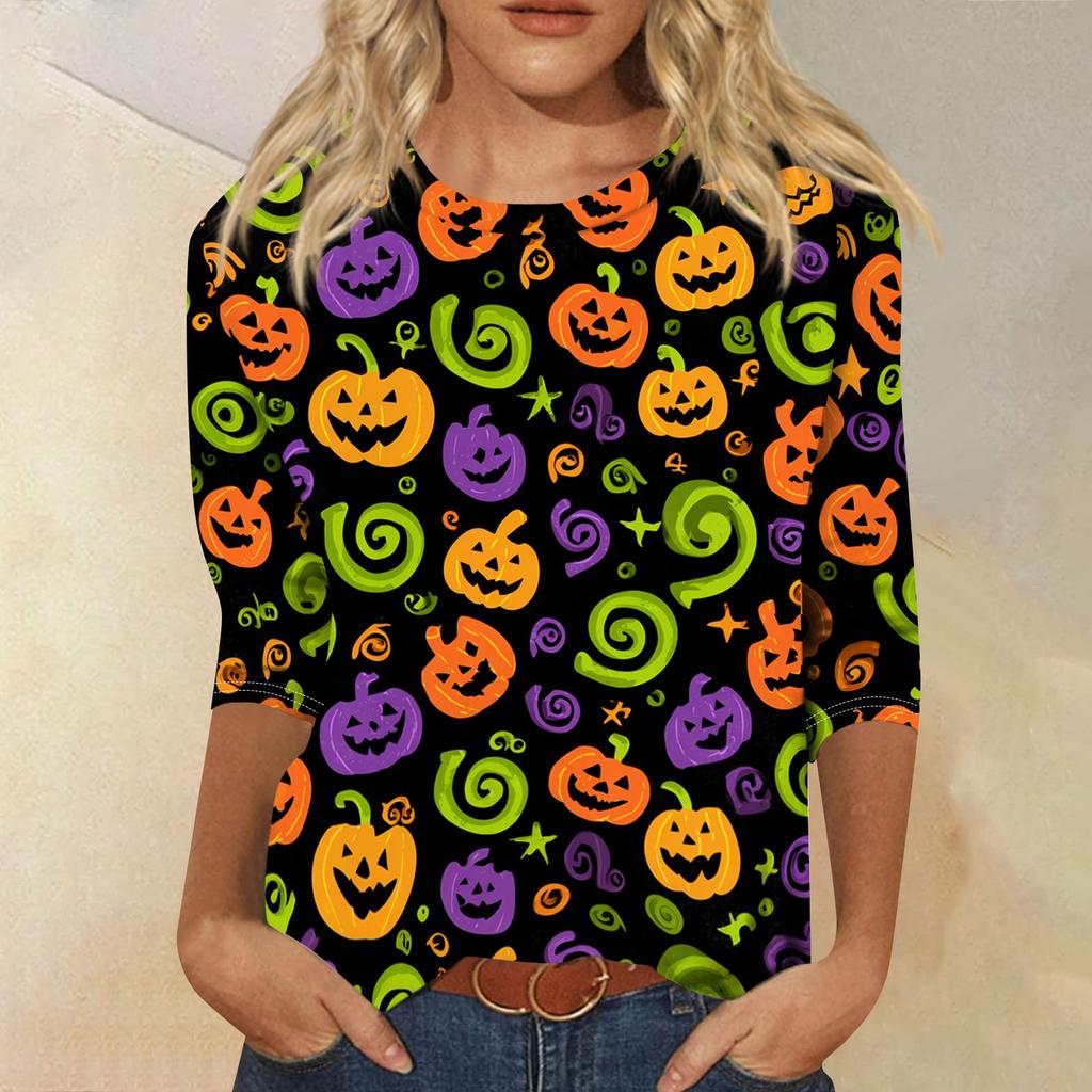 Women's Halloween Print Shirt Three Quarter Sleeve Round Neck Loose Casual Blouse T Shirt Suitable for Seasonal Wear and Everyday Use