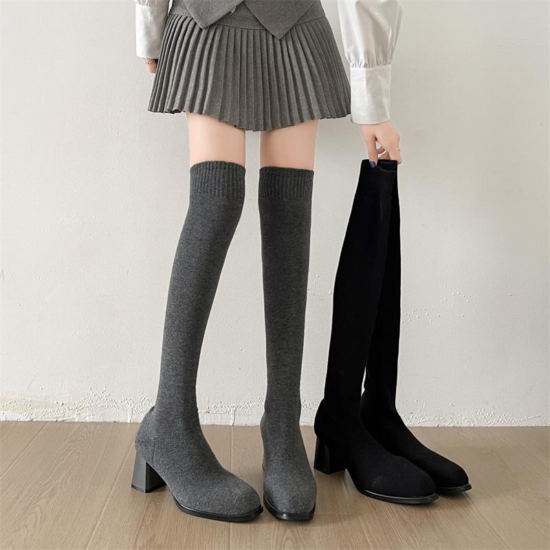Fashion Versatile Square Toe High Heel Long Tube Boots for Women 2025 Autumn New Elegant Comfortable Casual Non Slip Socks Boots