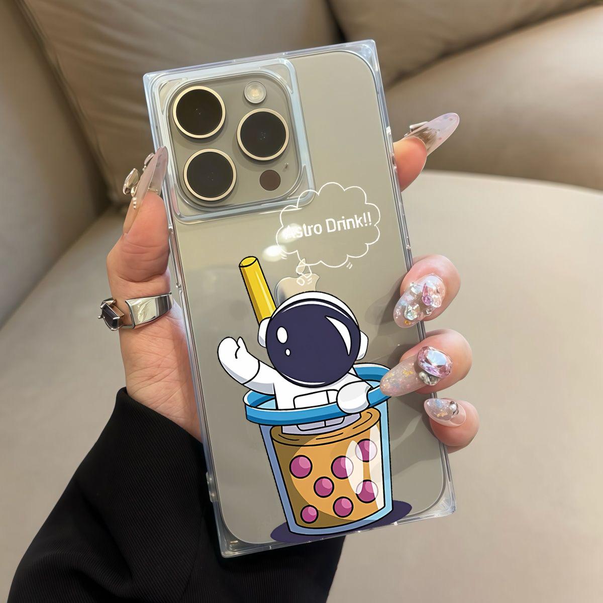 

Square Back Tube Protection Clear Case For iPhone 16 ProMax 14 Pro Max 15 Plus 12 11 13 Anti-Oxygen,The Astronaut In The Milk Tea Cup Pattern Casing iphone 16