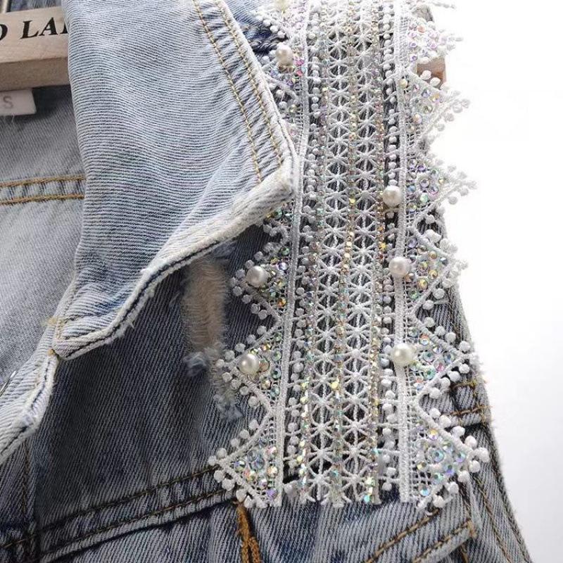 Fashion Lace Beaded Denim Vest Women Cardigan Spring Sleeveless Jacket Fashion Loose Vintage Jeans Waistcoat Tide