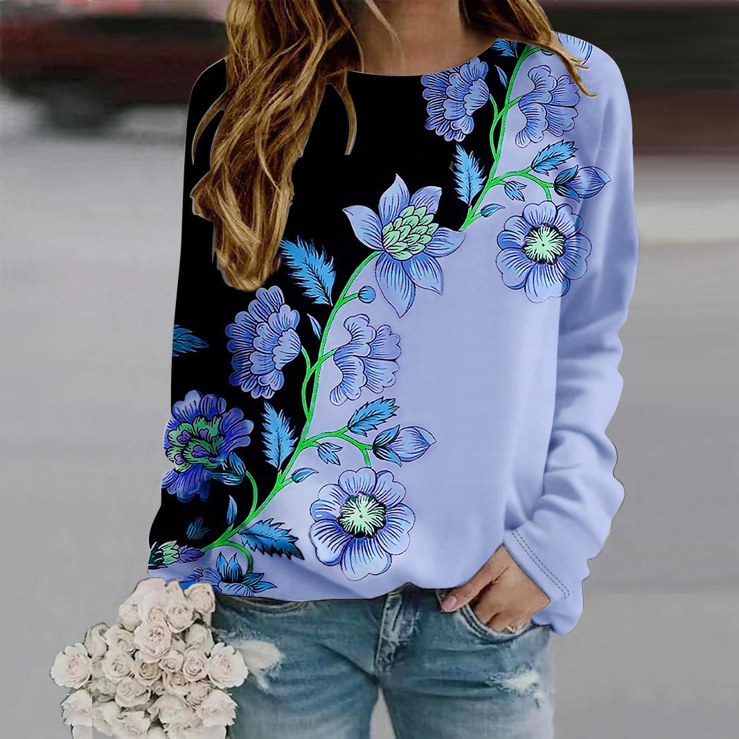 

Осенне-осенняя женская модная футболка с длинным рукавом и круглым вырезом, свободная одежда, синяя футболка с принтом «Утренняя слава» для девочек, уличная 8XL светло-синий