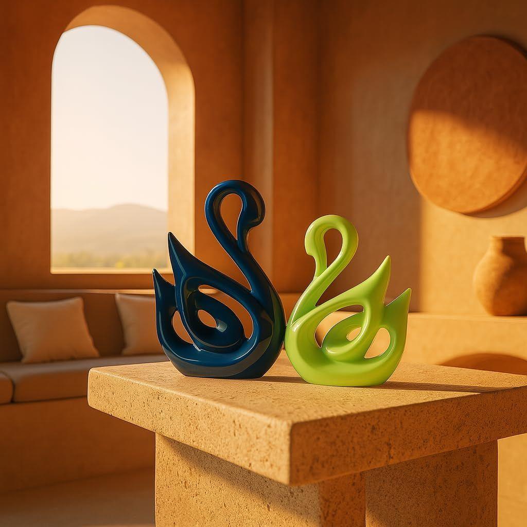 Lucky Swan Couple Piano Finish Ceramic Figures for Home Decor (Set of 2 Pc, Large, Navy Blue & Parrot)