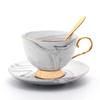 Marble Pattern Gold Rim Ceramic Coffee Cup & Saucer Set with Tray
