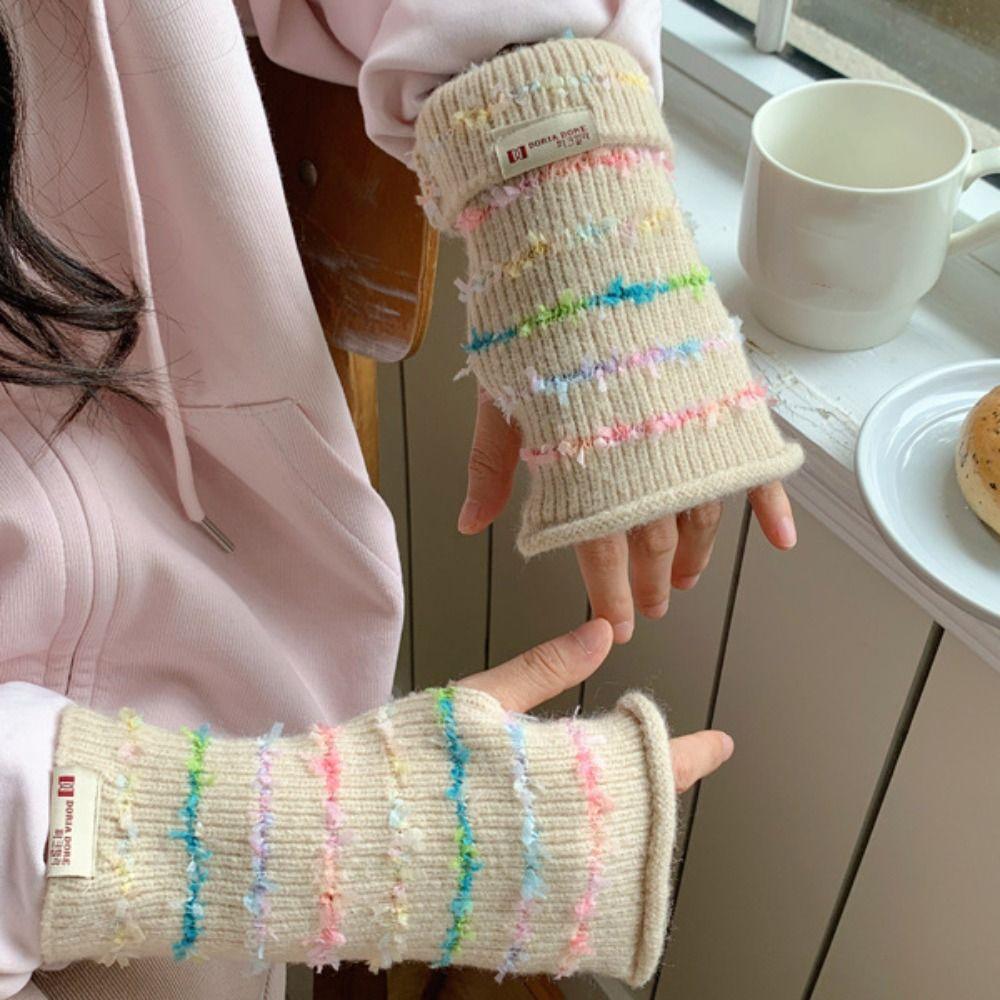 Thickened Stripes Knitted Gloves Y2k Fingerless Mittens Kawaii Women Winter Gloves  Student