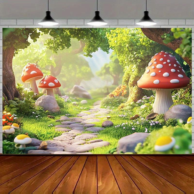 1 pezzo di tessuto di sfondo in poliestere con fungo della Foresta Magica una scena da fiaba adatta per la decorazione della festa