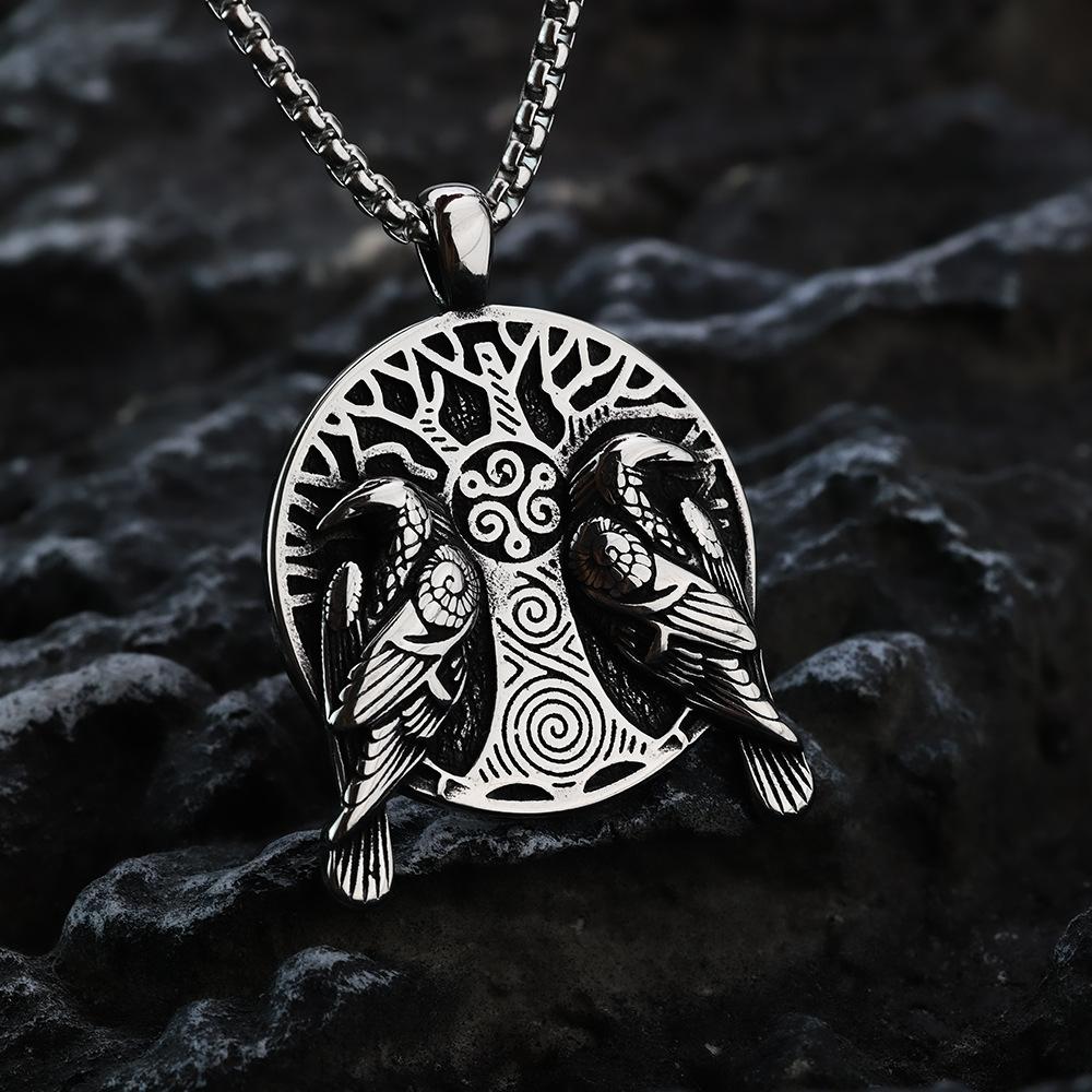 Vintage Viking Double Sided Tree of Life Raven Pendant Men Stainless Steel Necklace