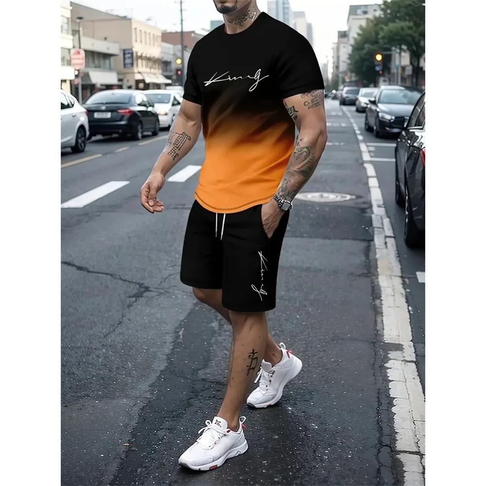 Summer Men's 3D Gradual Change Printed Sports Suit Fashionable Versatile Breathable Casual Trend