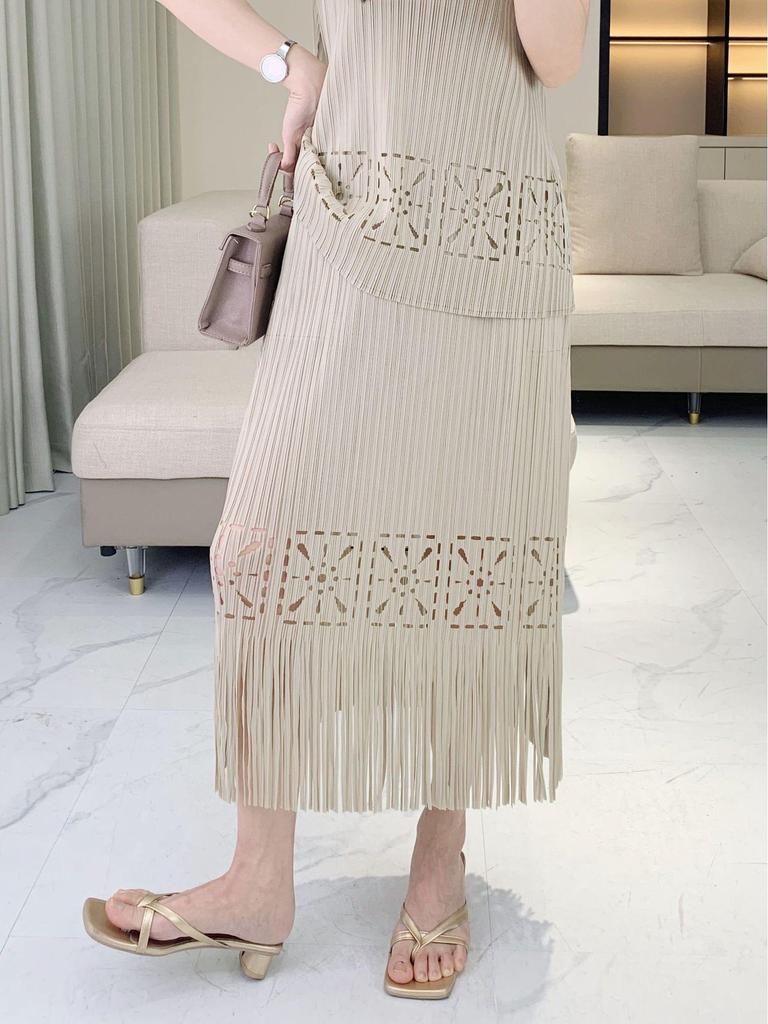 2025 Spring/Summer Women's Pleated Tassel Tank Top & Midi Skirt Two-Piece Set