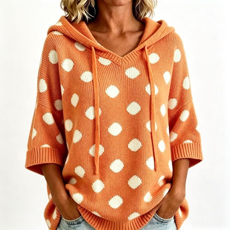 Polka Dot Hooded Knitted Pullover Sweater, European and American Plus Size Loose Seven Quarter Sleeve Sweater