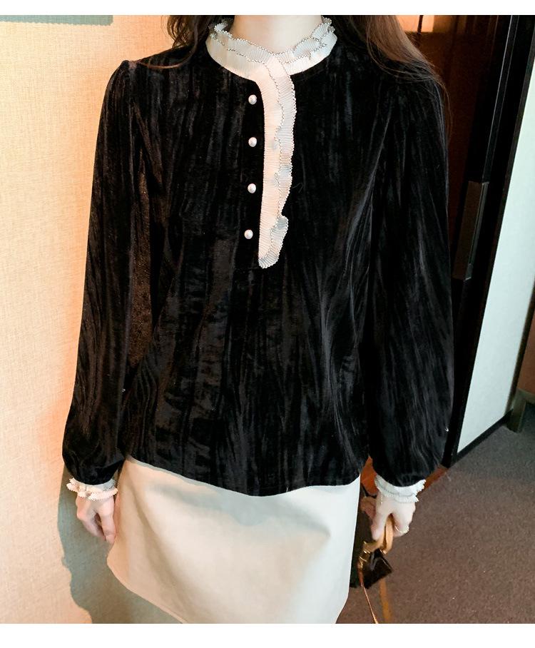 Women's Gold Velvet Lace Top - Stylish Spring/Autumn/Winter 2024