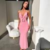 Women European Style Solid Color Sexy Slim Fit Halter Strap Long Bodycon Dress
