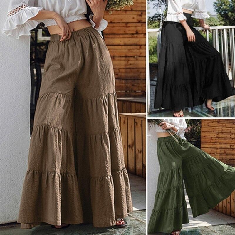 Casual Comfortable Wide Leg Pants Fashion Elastic Waist Pleated Cake Skirt Trouser Summer Folds Loose Solid Pants Pantalon 25736