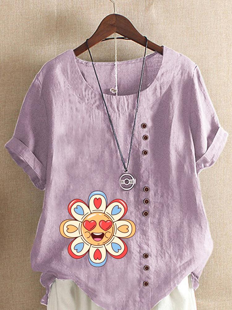 Women's Fashion Love Petal Print Round Neck Short Sleeve T-shirt Casual Cotton Linen Graphic Shirt Leisure Loose Summer Blouse Tops
