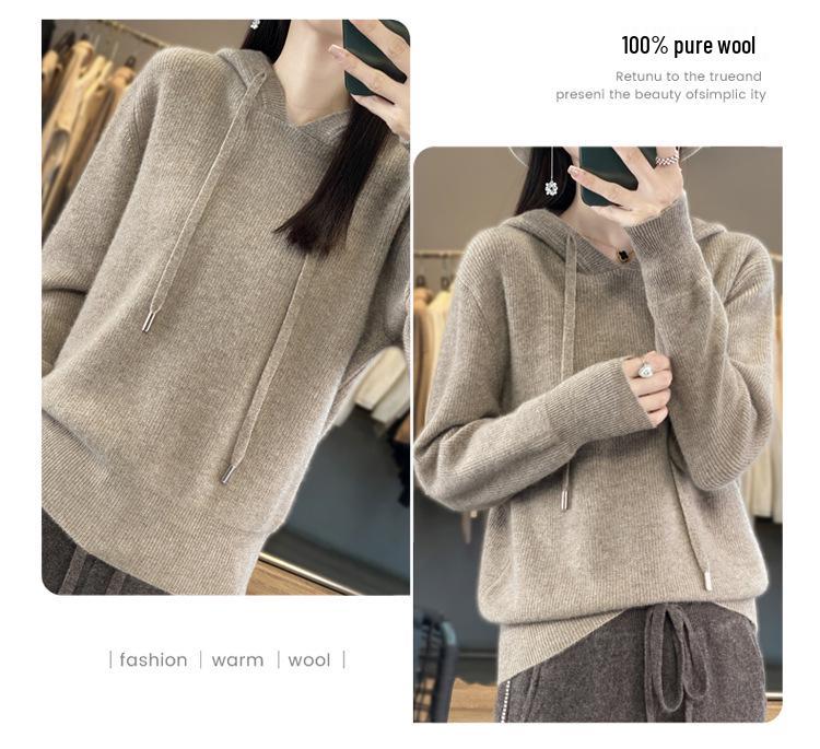 Women's Pure Wool Loose Knit Hoodie - Solid Color, Long Sleeve, Drawstring Hood, Casual Fashion Warm Pullover