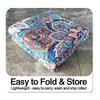 The living room sofa is extensively covered with carpet