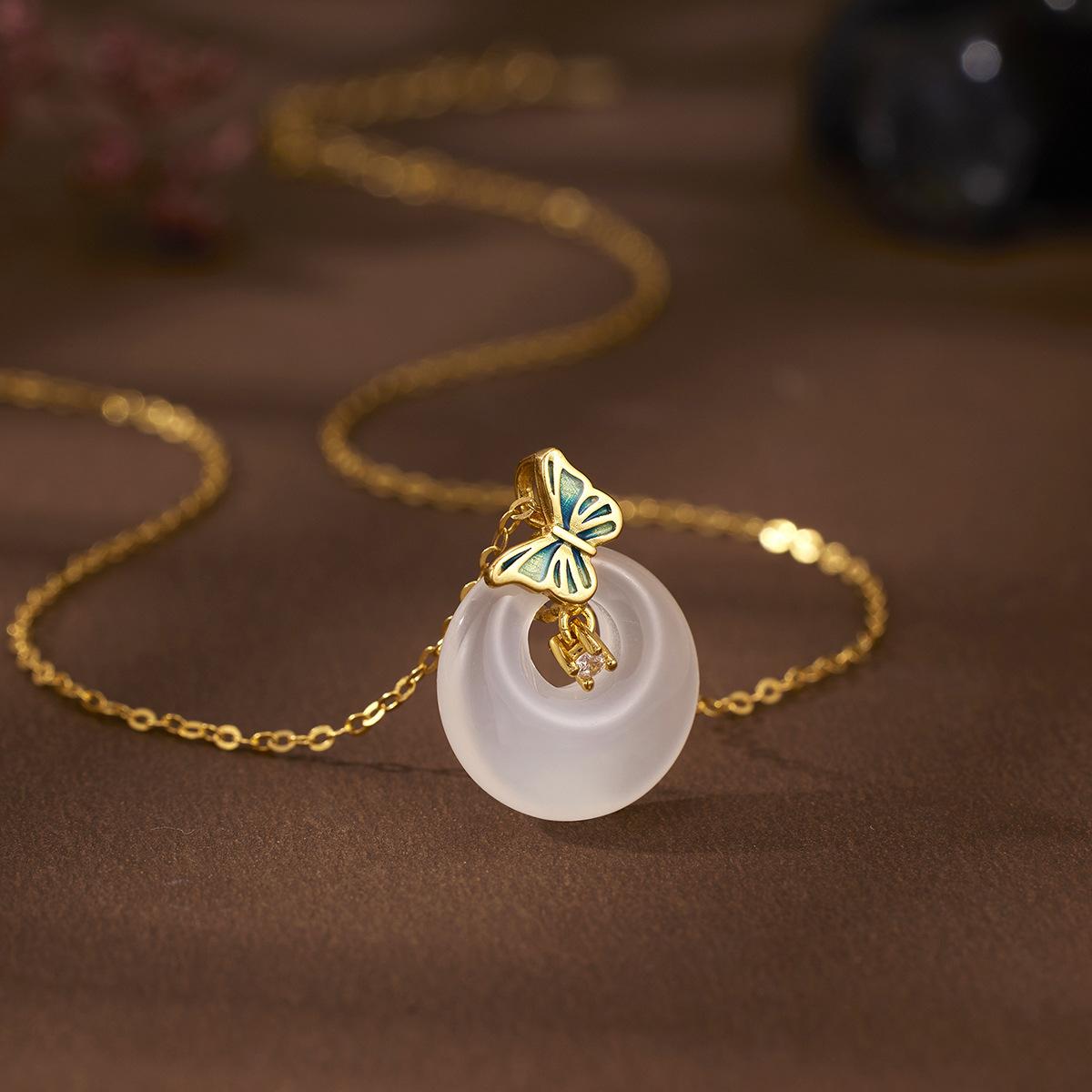 925 sterling silver chalcedony butterfly zircon necklace new Chinese versatile safety buckle jewelry necklace
