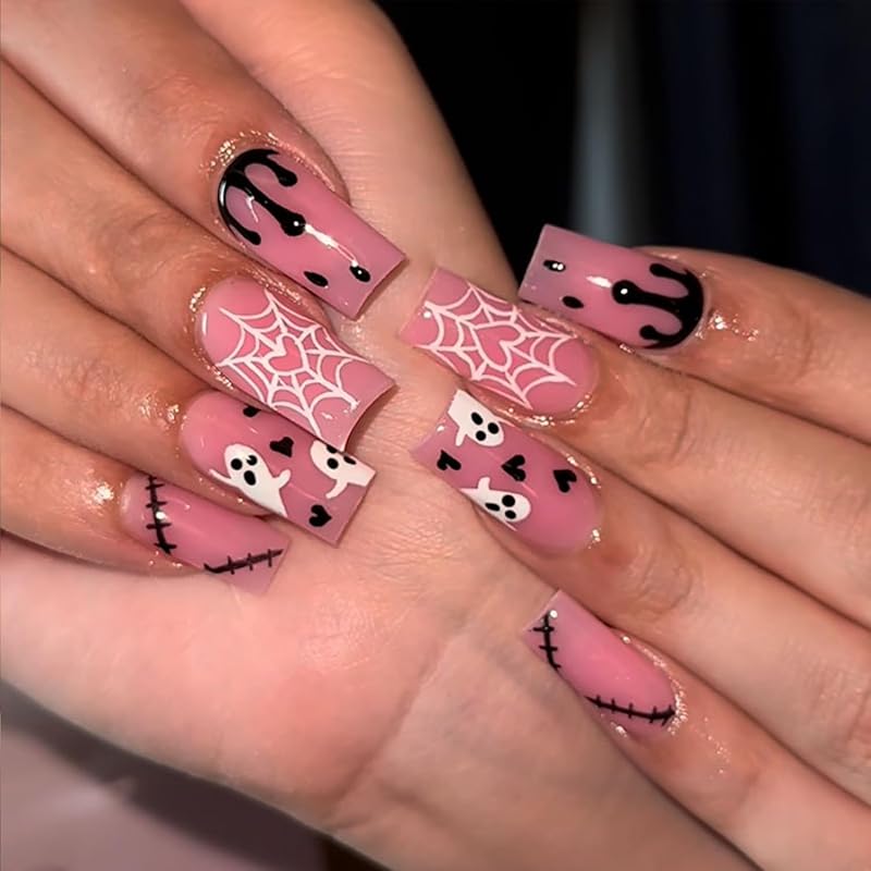 Short Almond Press on Nails Halloween Fake Nails Gothic Bat Acrylic Nail Cute Ghost False Nail with Purple Glitter Design Goth Halloween Nails Press