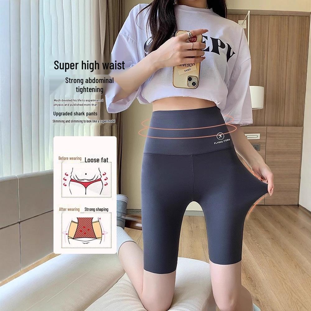 Women's High-Waist Black Yoga Pants - Tummy Control, Lightweight, Five-Point Design for Summer