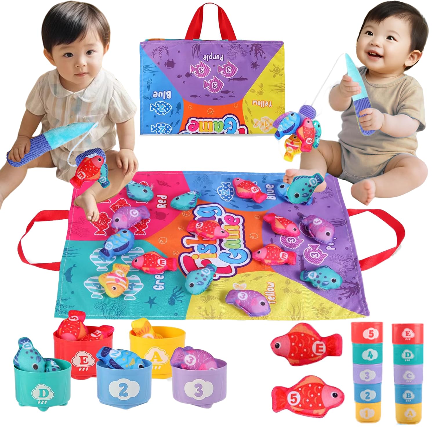 

Bajoy Montessori Educational Cloth Fishing Toy for Babies Ages 1 and 2, Includes Two Fishing Rods for Competitive Play, Double-Sided Design for