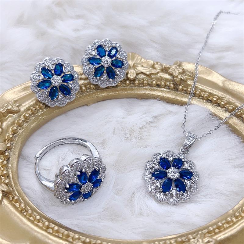 Sapphire & Gemstone Flower Set: Ring, Necklace, Earrings - Elegant, Versatile Fashion for Women