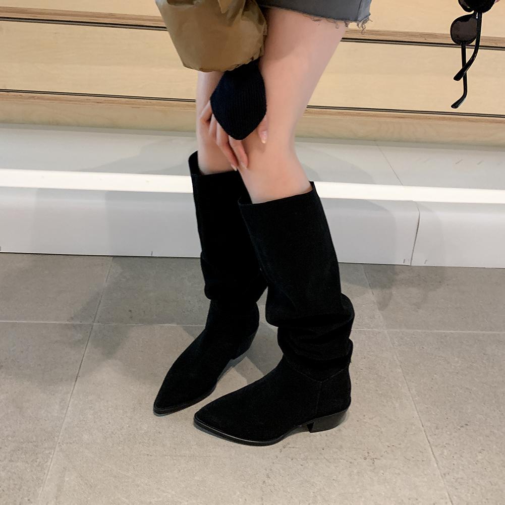 Fashion 2025 New Kid Suede Retro Women Boots Autumn Winter Slip-On Boots for Women Pointed Toe Square Heel Basic Shoes Knee-high boots