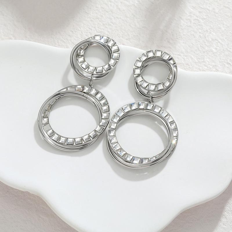 Stainless Steel Geometric Diamond Inlaid Earrings - High-End Autumn/Winter Fashion Accessories