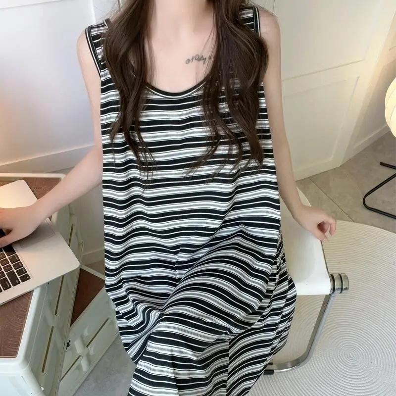 Plus Size Striped Vest Nightdress Women Summer Sleeveless Loungewear Ins Trend Loose Long Dress Pajamas Homewear