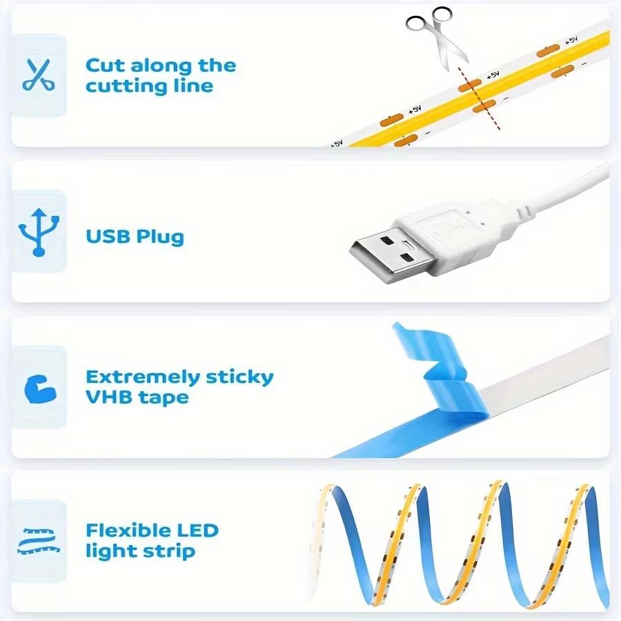 1M-5M USB LED Strip Light 5V 320LEDs/M COB Touch Sensor Dimmable Lamp Tape DIY TV Mirror Backlight Kitchen Room Night Lighting