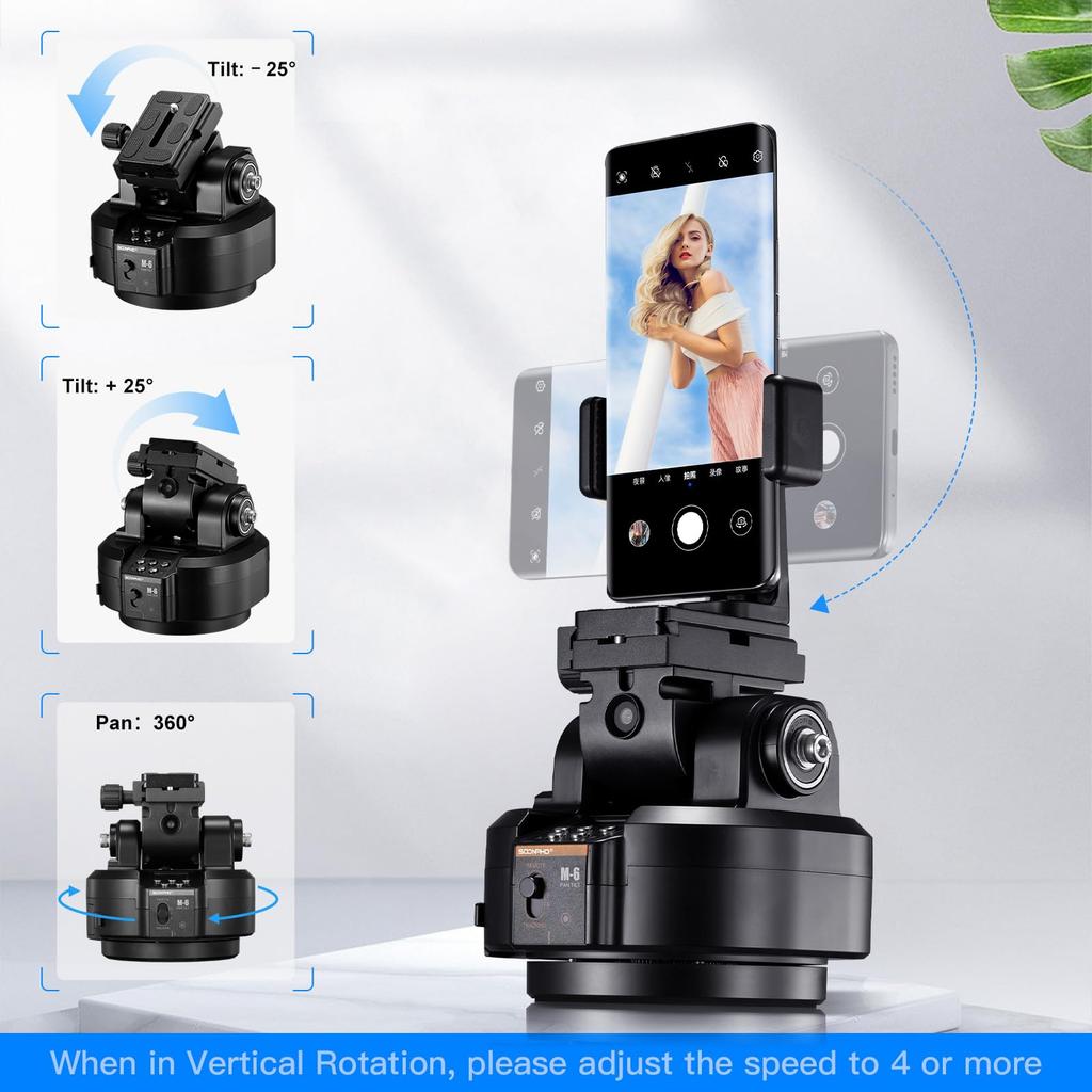 SOONPHO M6 Motorized Tripod Head with AI Auto 2kg Load Easy Long Battery Smartphone Camera Japanese Live Video Recording Tracking, 360° Rotation,