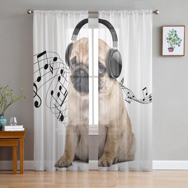 Pug Dog Music amuzant perdea transparentă pentru camera de zi Voile pentru jaluzele dormitor tul drapaj bucătărie Cortinas hol perdele