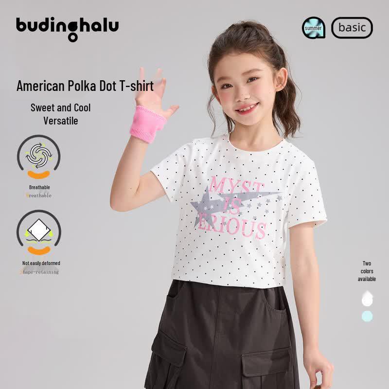 Buding Halu Girls  Sweet Retro Polka Dot Short Sleeve T-Shirt 140 белый