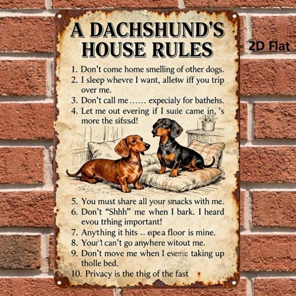 1pc Dachshund Home Rules Metal Sign, 8x12in 2D Flat Iron Wall Art, Cute Dog Themed Hanging Plaque