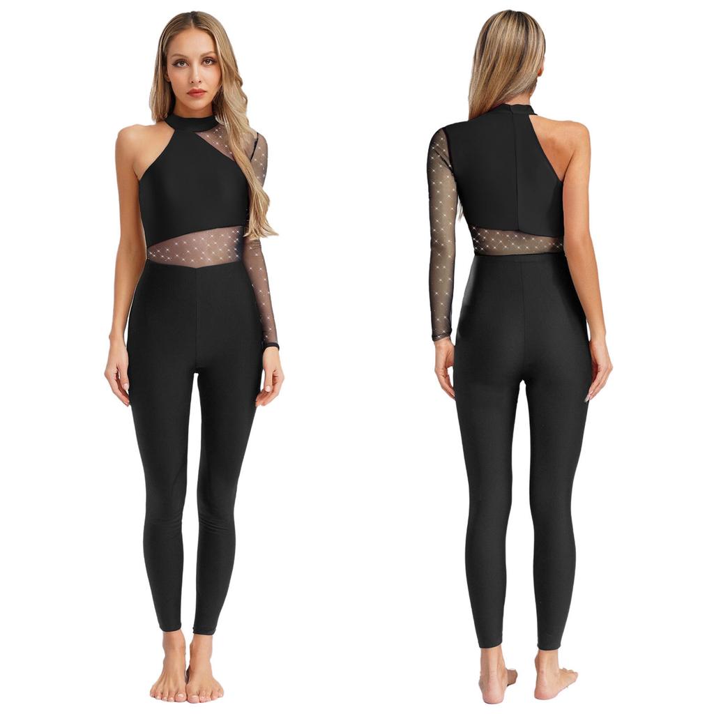 Ein-Schulter Tanz- und Bühnenbody für Damen S-XXL: Funkelndes Strass- und transparentes Netz-Langarm-Gymnastiktrikot