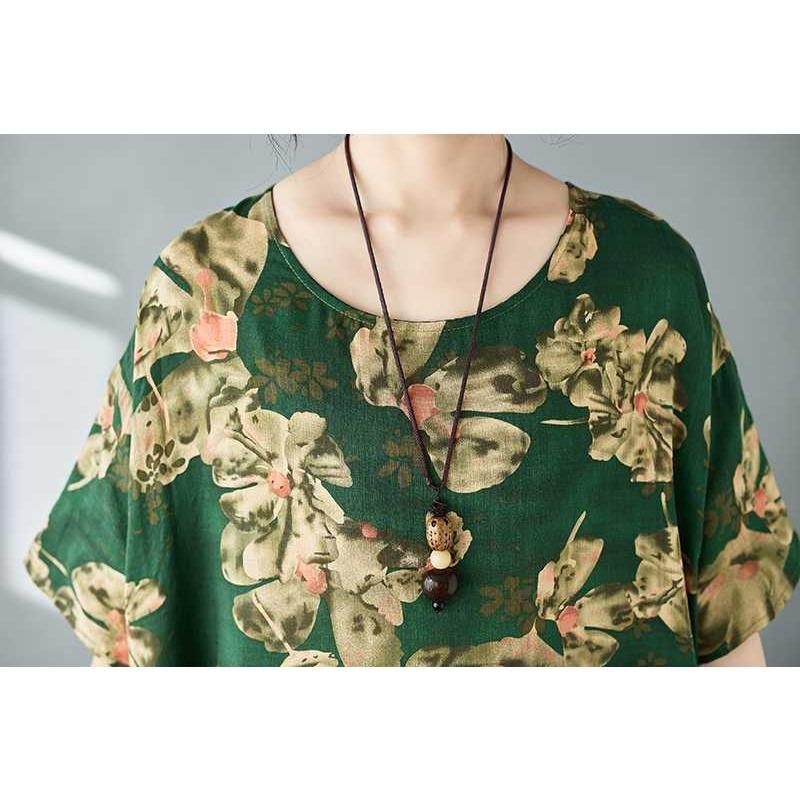 Simple Bohemian Print Dress Short Sleeve Round Neck Summer New Style Elegant Feel Long Dresses Women's Clothing