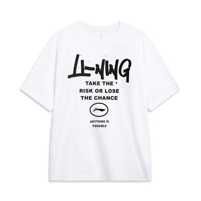 Li Ning Sports Fashion Series Apdrukāta ar burtiem Apaļš kakla izgriezums Ērts Elpojošs Brīva piegriezuma Īsu piedurkņu T-krekls Vīriešu topi Balts YHSU297-2