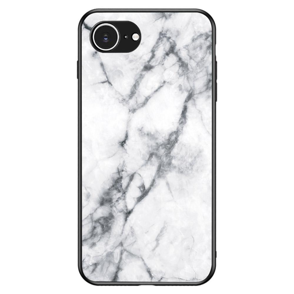 

For iPhone 16e Case Marble Pattern Tempered Glass+PC+TPU Protective Phone Cover White Marble