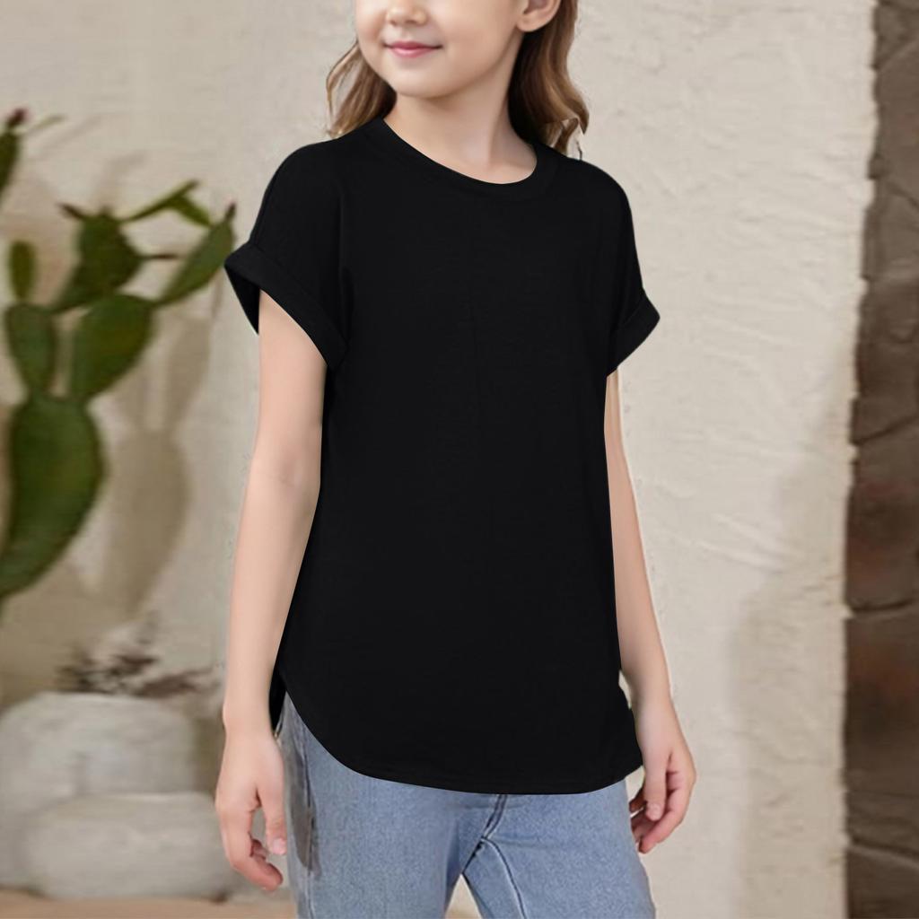 Girls Short Sleeve T Shirts Kids Crewneck Curve Summer Tees Hem Tops Sleeve T Shirts