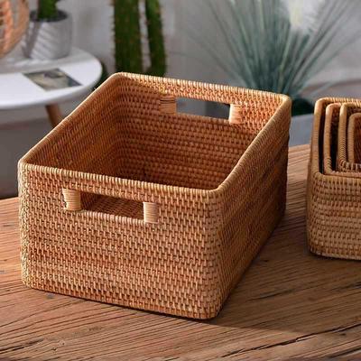 Handmade Rectangular Rattan Basket: Solid Wood Base, Ideal for Coffee Tables and Desktops