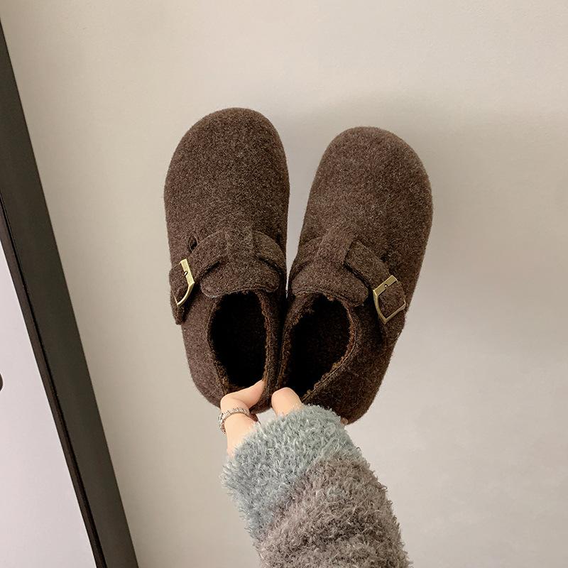 Retro round head belt buckle cotton shoes winter new flat bottom versatile casual velvet women 40 коричневый