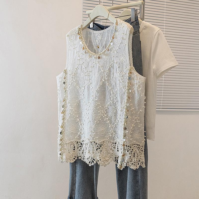 Plus Size Women s Jacquard Embroidered Crochet Lace Vest Cardigan 3XL абрикосовый