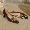 Burgundy patent leather shallow mouth single shoes women's spring 2025 new square head thin heel red wedding shoes temperament high heels