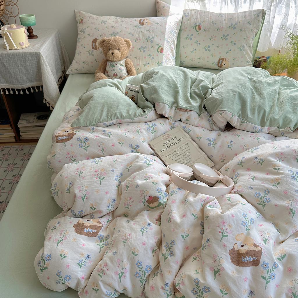 Class A Mother and Baby Grade Pure Washed Cotton Four-piece Set Ins Small Fresh Bed Sheet Quilt Cover Student Dormitory Style Bedding Set