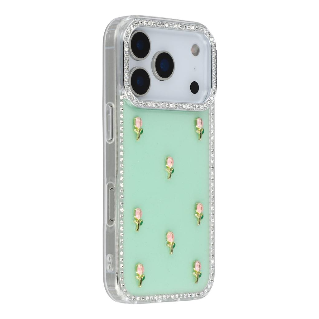 For iPhone 17 Pro Max Case Rhinestone Edge Small Tulips Decor TPU+PC IMD Phone Cover