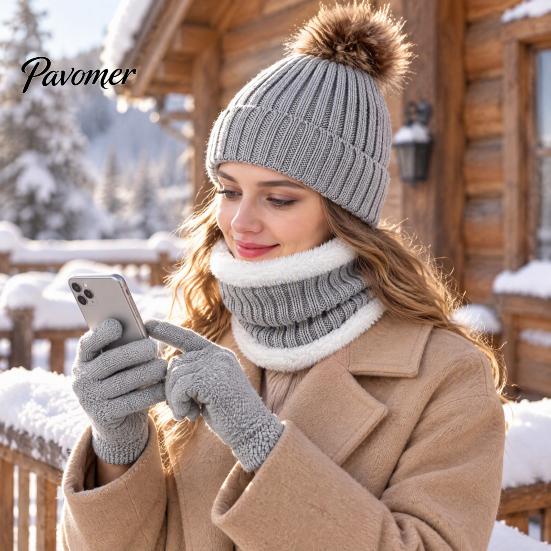Thermal Fleece Lined Winter Accessories Hat Neck Warmer Gloves Set, Knitted Beanies with Pompom, Touch Warm And Scarf Set Screen Gloves, Knit for Men