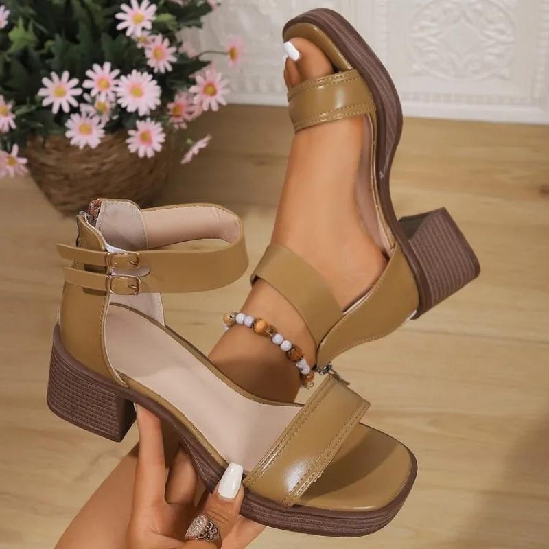 

Fashion 2025 New Ladies Shoes Back Zipper Women s Sandals Fashion Belt Buckle Office and Career Summer Open Toe Comfortable High Heels 34